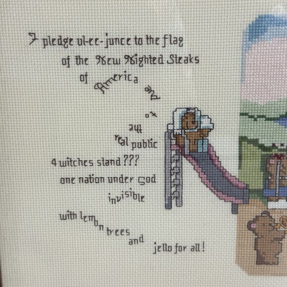 Vtg Cross Stitch Framed Needlework “Pledge Of Allegiance” Childs Whimsical 80s - Picture 2 of 7